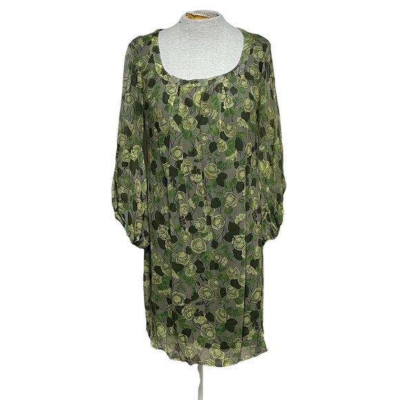 United Colors of Benetton Women's Dress Long Sleeve Silk Green Floral Sz Small